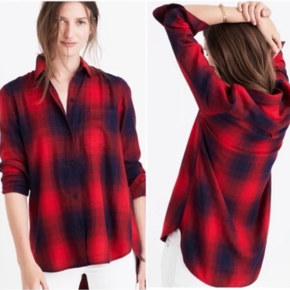 *SALE* Madewell Ex Boyfriend Plaid Button Shirt Red and Navy - Picture 5 of 6